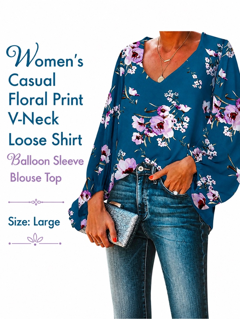 Floral Print V-Neck Balloon Sleeve Blouse